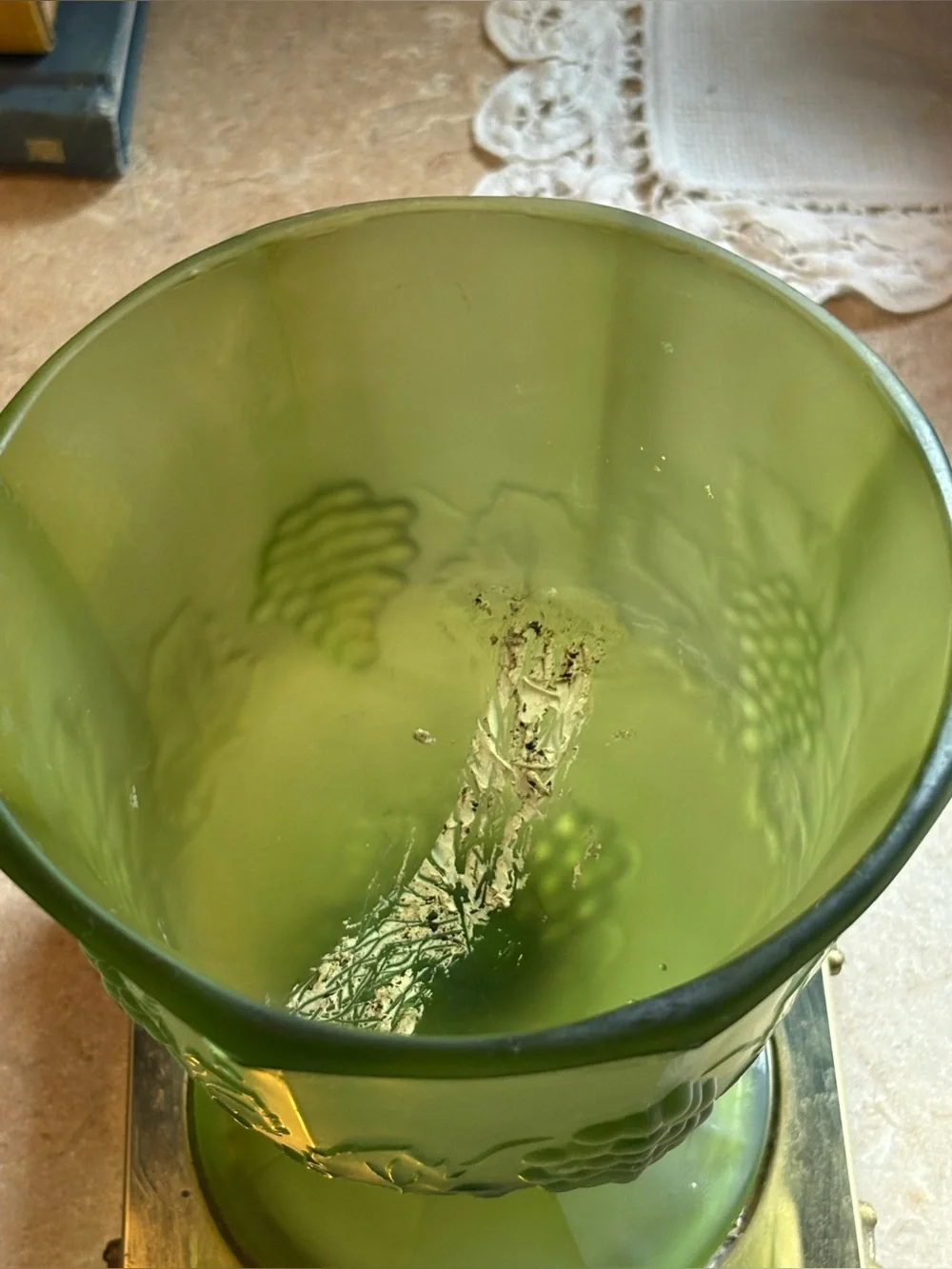 VTG OLIVE GREEN Glass Pedestal Compote with Grape Vine Motif ~ Brass Ornate Base